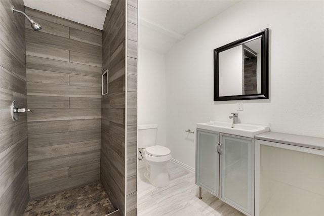 bathroom with toilet, vanity, and tiled shower