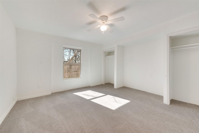 unfurnished bedroom with light carpet and ceiling fan