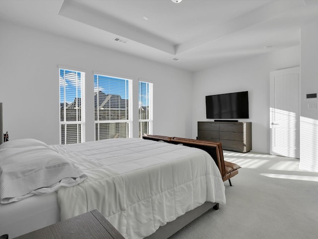 bedroom featuring light carpet and a raised ceiling