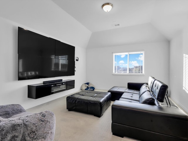 living room with light carpet and lofted ceiling