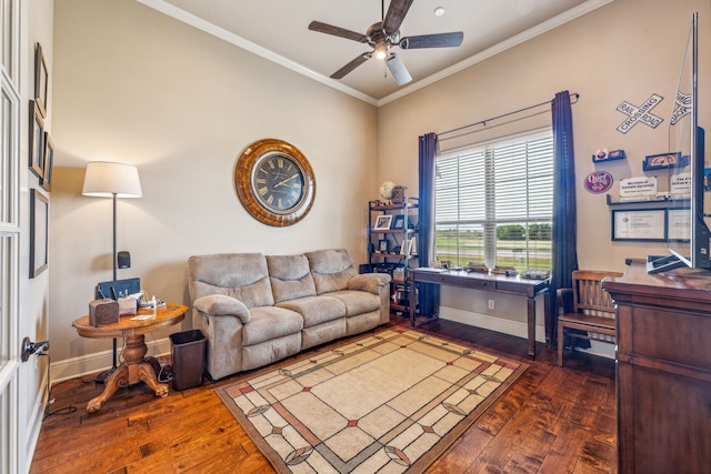 living room with ceiling fan, dark hardwood / wood-style floors, and ornamental molding