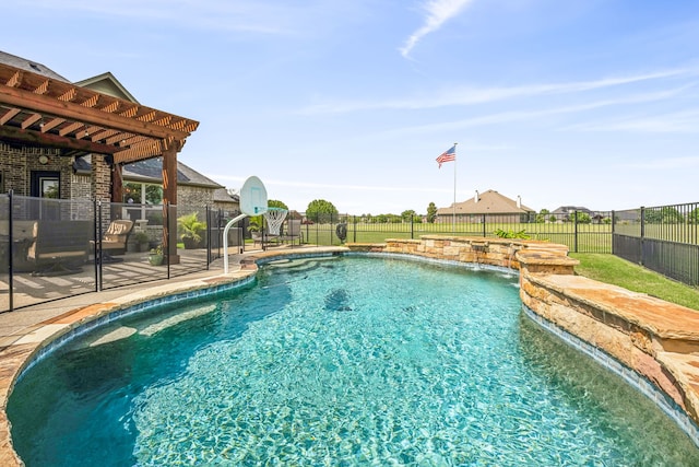 view of swimming pool featuring pool water feature