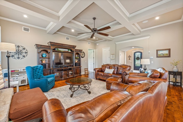 living room with hardwood / wood-style floors, coffered ceiling, ceiling fan, ornamental molding, and beam ceiling