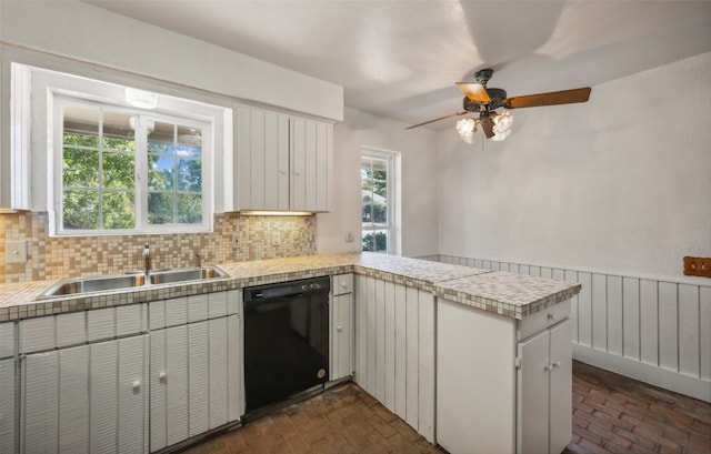 kitchen with tasteful backsplash, white cabinetry, black dishwasher, sink, and a healthy amount of sunlight