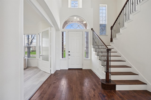 foyer with dark hardwood / wood-style flooring and a high ceiling