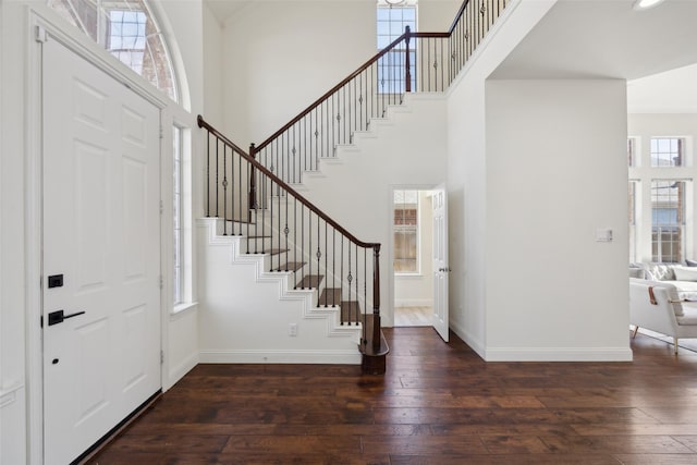 foyer entrance featuring a high ceiling and dark hardwood / wood-style flooring