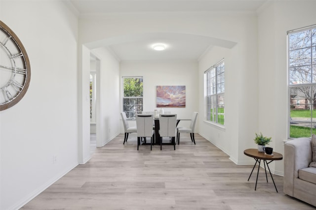 dining area with ornamental molding, plenty of natural light, and light wood-type flooring