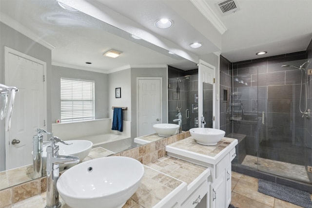 bathroom featuring vanity, walk in shower, and ornamental molding