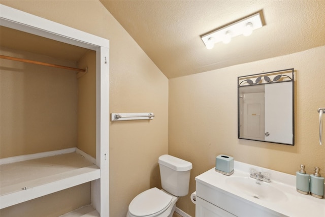 bathroom with toilet, vanity, and vaulted ceiling