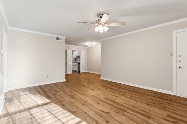 unfurnished living room featuring ceiling fan, crown molding, and light hardwood / wood-style floors