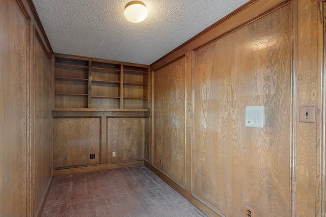 carpeted spare room featuring a textured ceiling and wooden walls