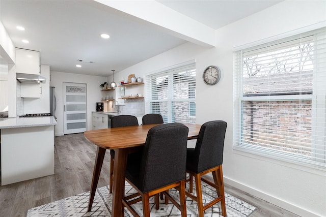 dining area with a healthy amount of sunlight, light hardwood / wood-style floors, and sink