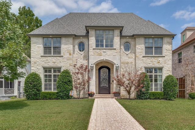 french provincial home featuring a front lawn