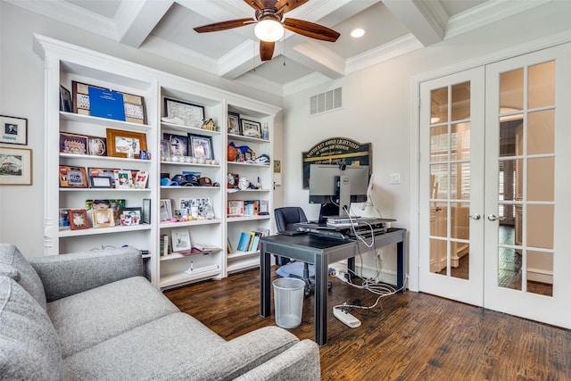 office area featuring coffered ceiling, beam ceiling, and french doors