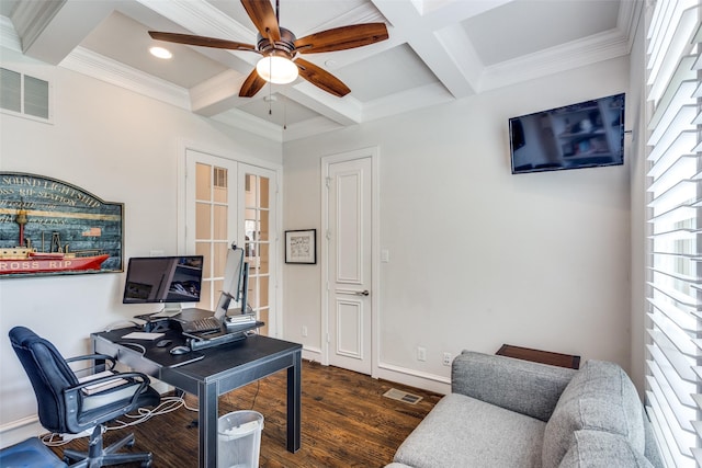 office featuring dark hardwood / wood-style flooring, french doors, ceiling fan, beam ceiling, and coffered ceiling