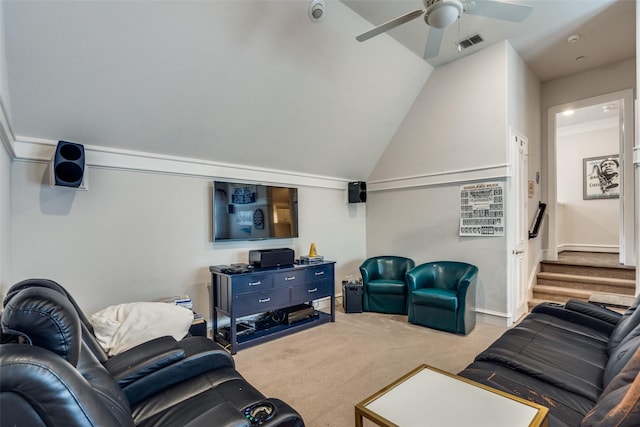 carpeted living room with lofted ceiling and ceiling fan