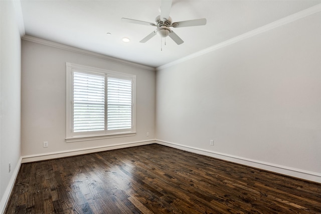 unfurnished room featuring ceiling fan, dark wood-type flooring, and ornamental molding