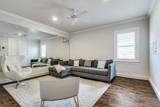 living room with ceiling fan, dark hardwood / wood-style floors, and crown molding