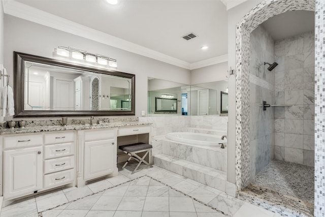 bathroom featuring separate shower and tub, vanity, and ornamental molding