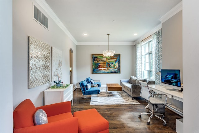 office featuring dark wood-type flooring and crown molding