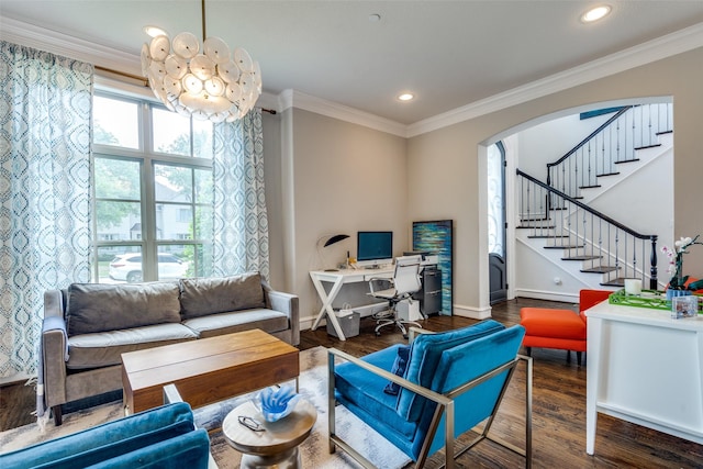 living room with baseboard heating, ornamental molding, and dark hardwood / wood-style floors