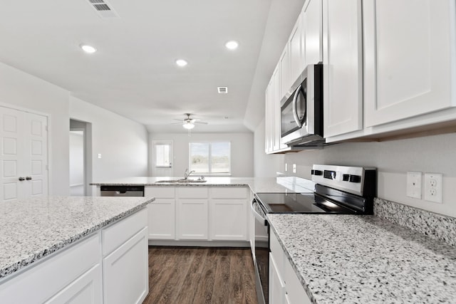 10601 Bleat St, Fort Worth, TX 76036 - kitchen with appliances with stainless steel finishes, ceiling fan, dark wood-style floors, white cabinets, and light stone counters