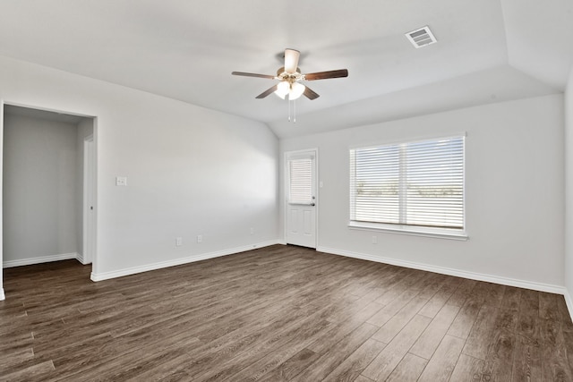 10601 Bleat St, Fort Worth, TX 76036 - empty room with ceiling fan, dark wood-type flooring, baseboards, and lofted ceiling
