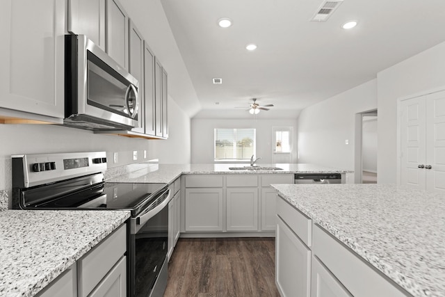 kitchen with ceiling fan, sink, dark wood-type flooring, stainless steel appliances, and light stone counters