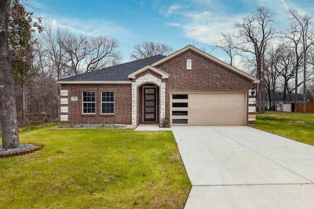 ranch-style house with a front yard and a garage