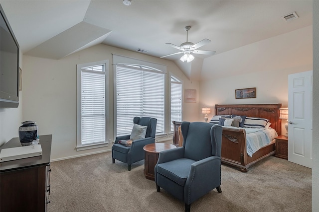 bedroom with light carpet, lofted ceiling, and a ceiling fan