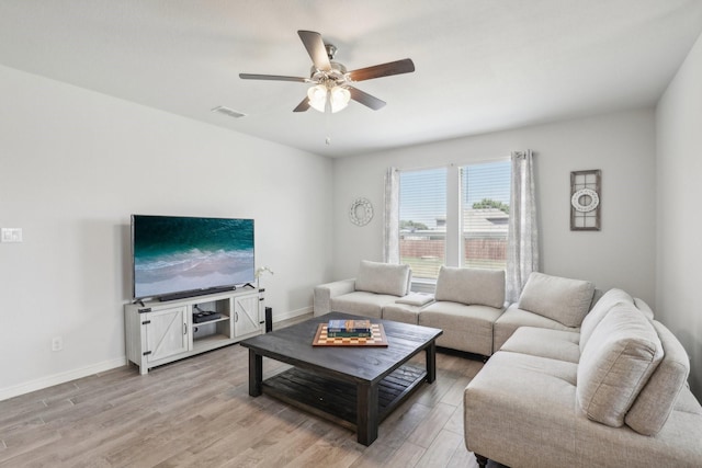 living room with ceiling fan and light wood-type flooring