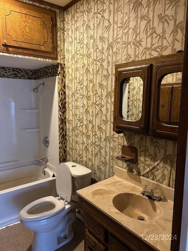 full bathroom featuring toilet, bathtub / shower combination, tile patterned flooring, and vanity