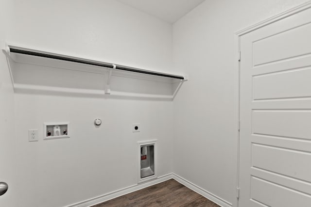 washroom with laundry area, hookup for a gas dryer, dark wood-style floors, hookup for a washing machine, and electric dryer hookup