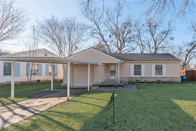 ranch-style home featuring a garage, a front lawn, and a carport