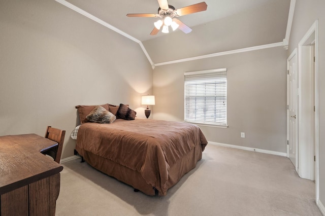 bedroom with crown molding, light colored carpet, a ceiling fan, vaulted ceiling, and baseboards