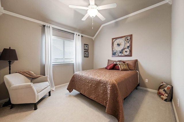 bedroom with ornamental molding, lofted ceiling, light carpet, and baseboards