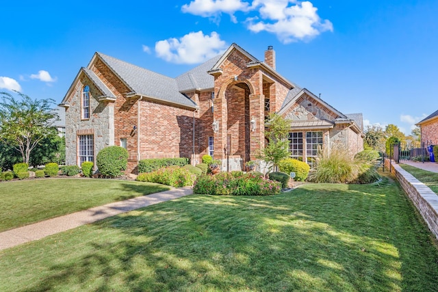 view of front of house featuring a shingled roof, stone siding, a chimney, a front lawn, and brick siding