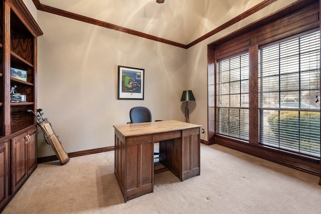 office space with light colored carpet, crown molding, and vaulted ceiling