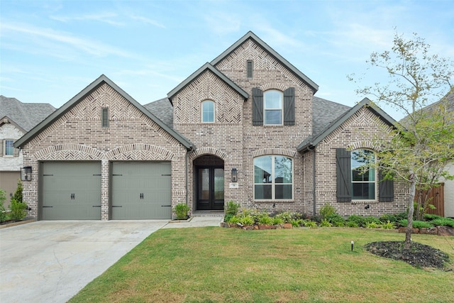 french country inspired facade with brick siding and a front lawn