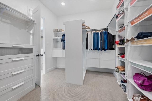 walk in closet with light colored carpet