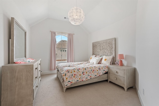 bedroom with a notable chandelier, lofted ceiling, visible vents, light carpet, and baseboards