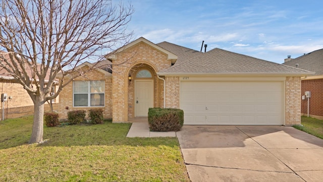 single story home featuring a front yard and a garage