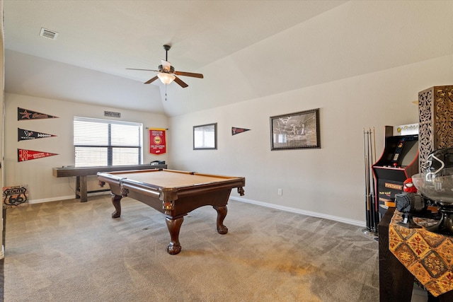 rec room featuring pool table, carpet floors, vaulted ceiling, and ceiling fan