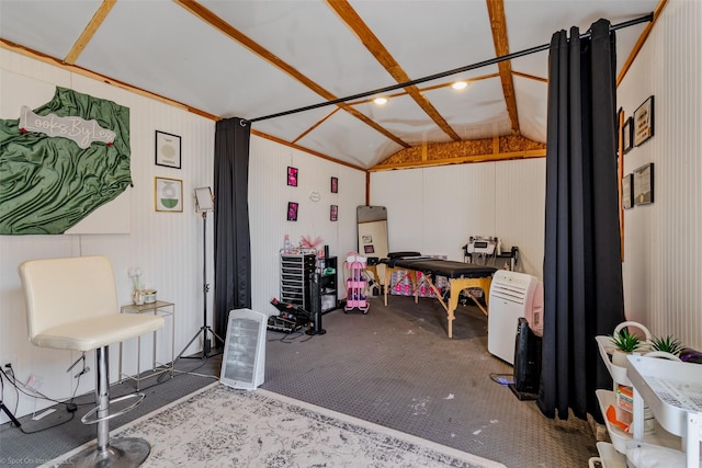 miscellaneous room with carpet and vaulted ceiling