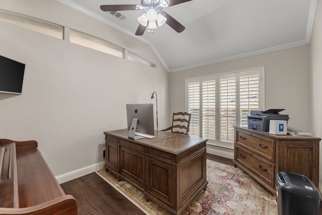 office space featuring light hardwood / wood-style floors, crown molding, lofted ceiling, and ceiling fan