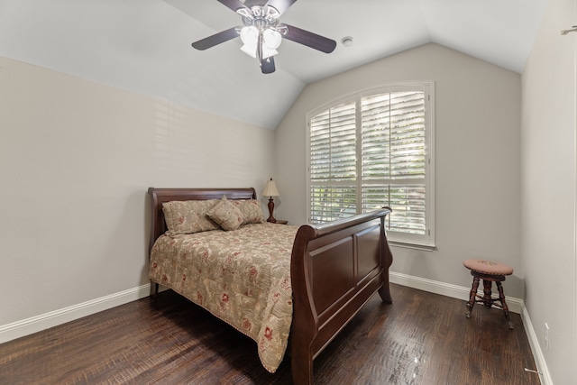 bedroom featuring ceiling fan, multiple windows, and lofted ceiling