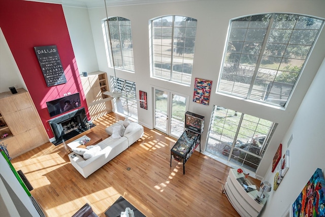 living room with french doors, hardwood / wood-style floors, and a towering ceiling