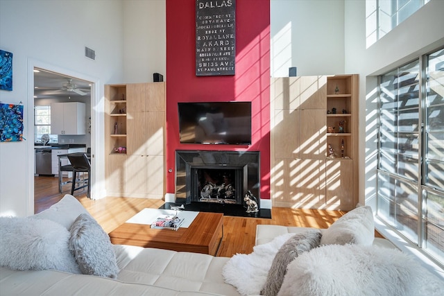 living room featuring hardwood / wood-style floors and a towering ceiling