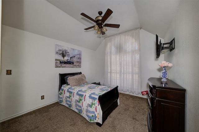 carpeted bedroom with lofted ceiling and ceiling fan