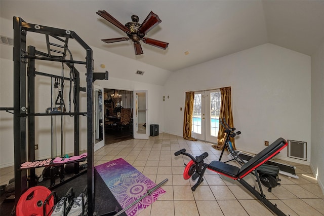 exercise room with vaulted ceiling, light tile patterned floors, ceiling fan, and french doors